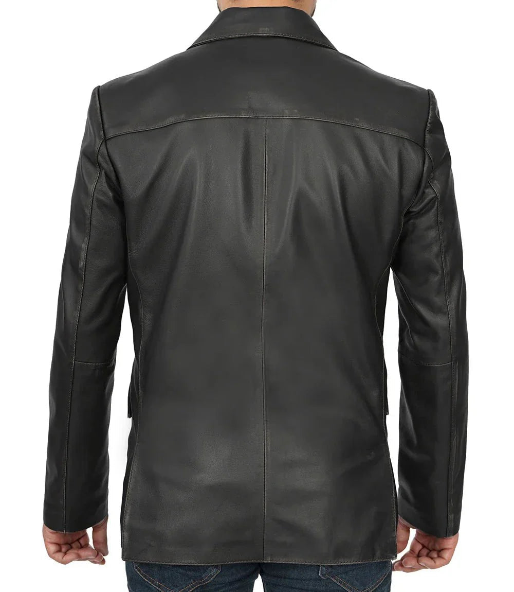 Men's Two Button Black Leather Blazer - Vox Leather