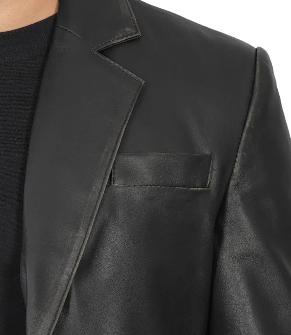 Men's Two Button Black Leather Blazer - Vox Leather