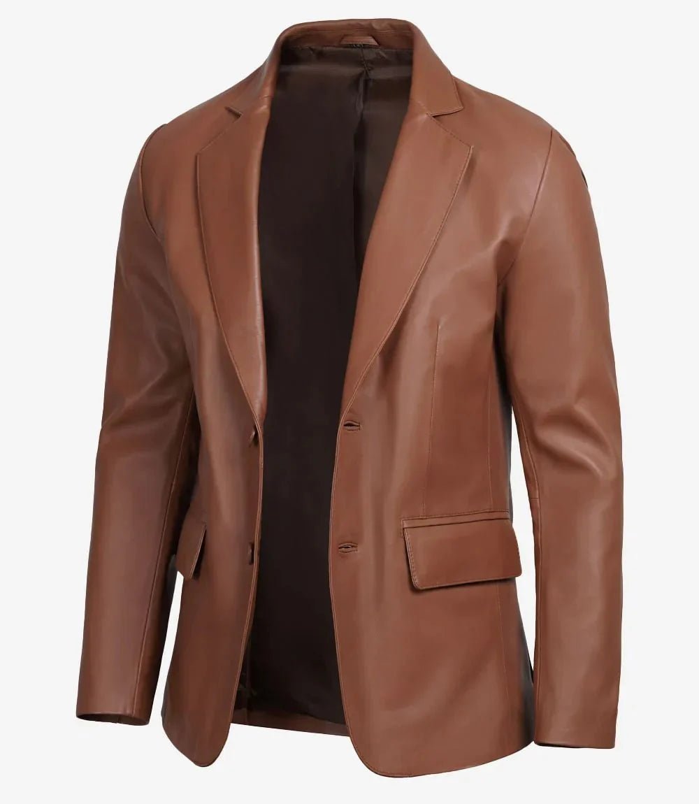 Men's Two Button Cognac Brown Leather Blazer - Vox Leather