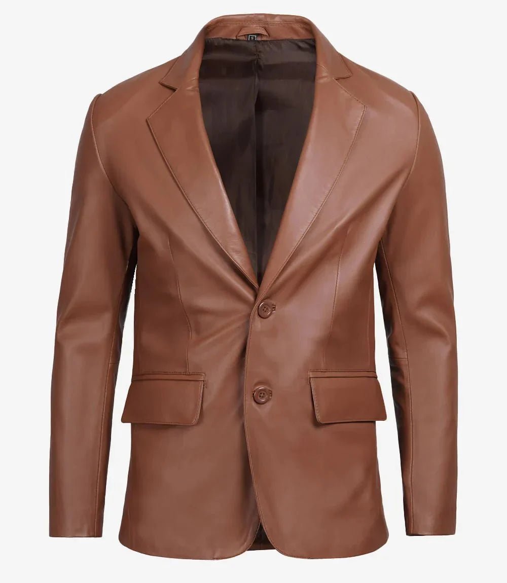Men's Two Button Cognac Brown Leather Blazer - Vox Leather