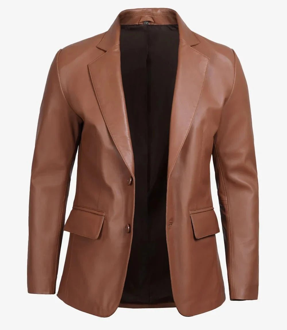 Men's Two Button Cognac Brown Leather Blazer - Vox Leather