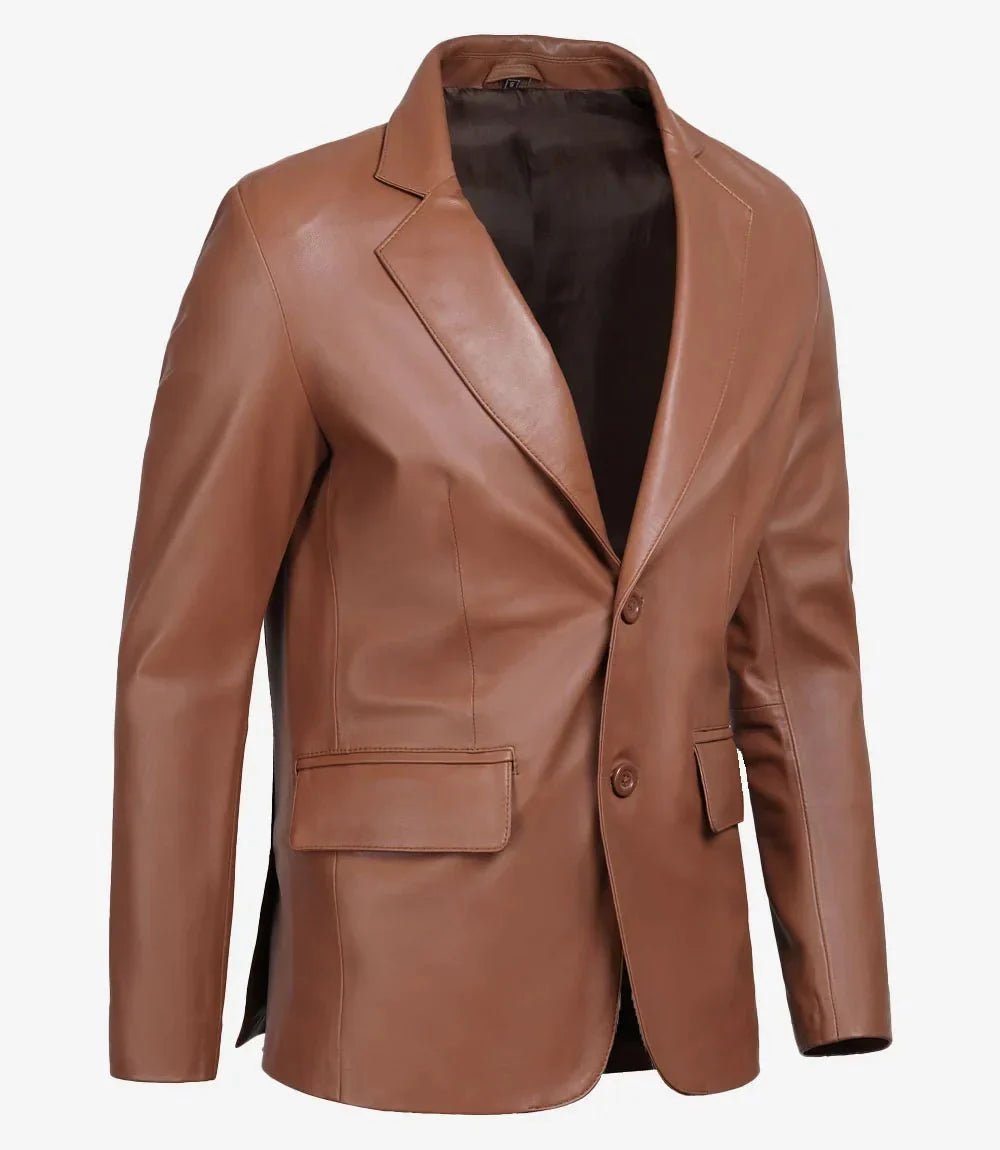 Men's Two Button Cognac Brown Leather Blazer - Vox Leather