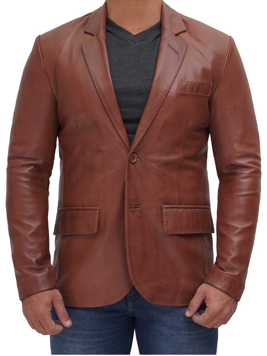 Mens Two Button Tan Brown Leather Blazer - Rare Leather