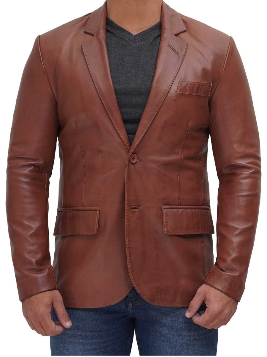 Mens Two Button Tan Brown Leather Blazer - Vox Leather