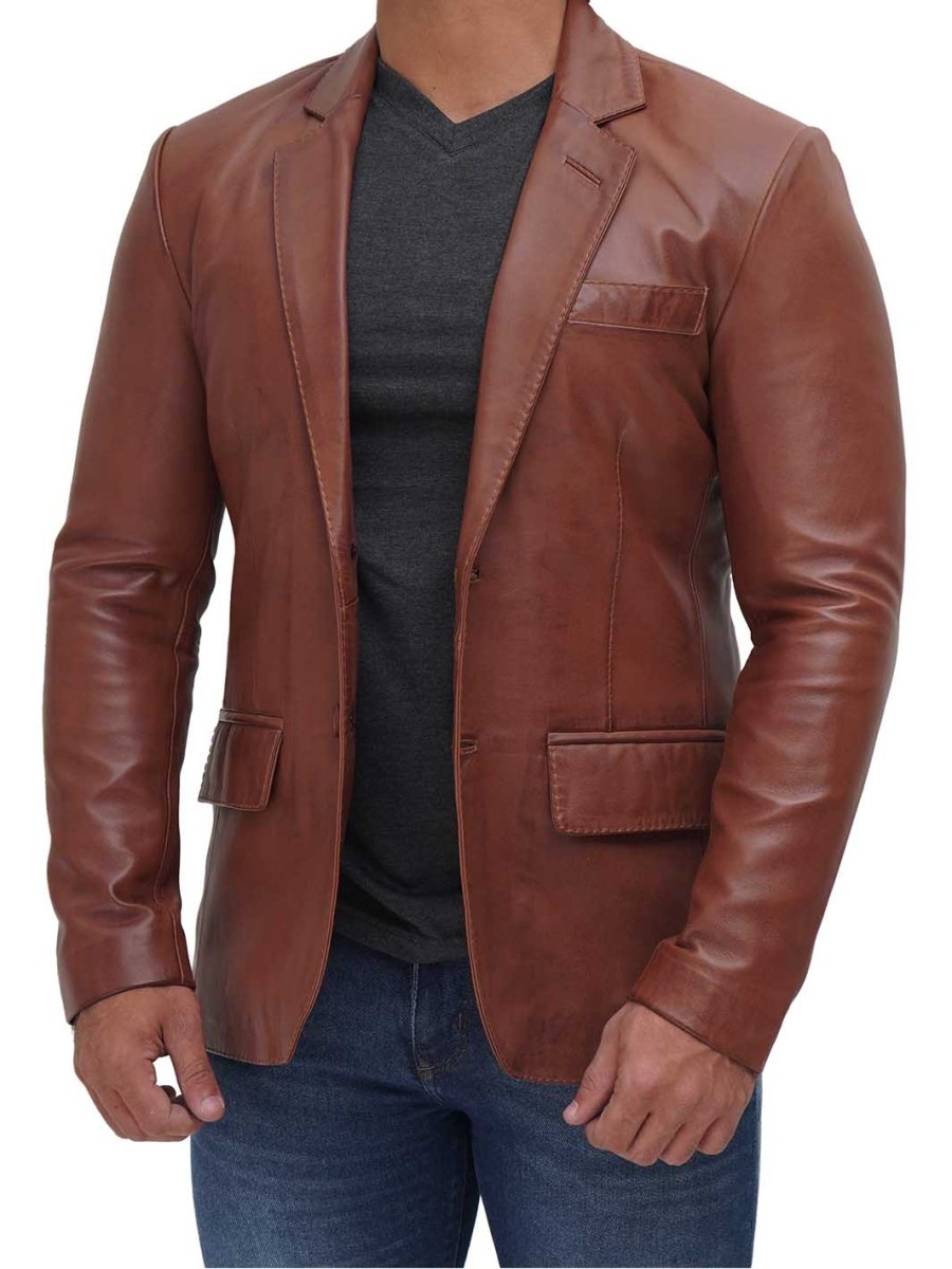 Mens Two Button Tan Brown Leather Blazer - Vox Leather