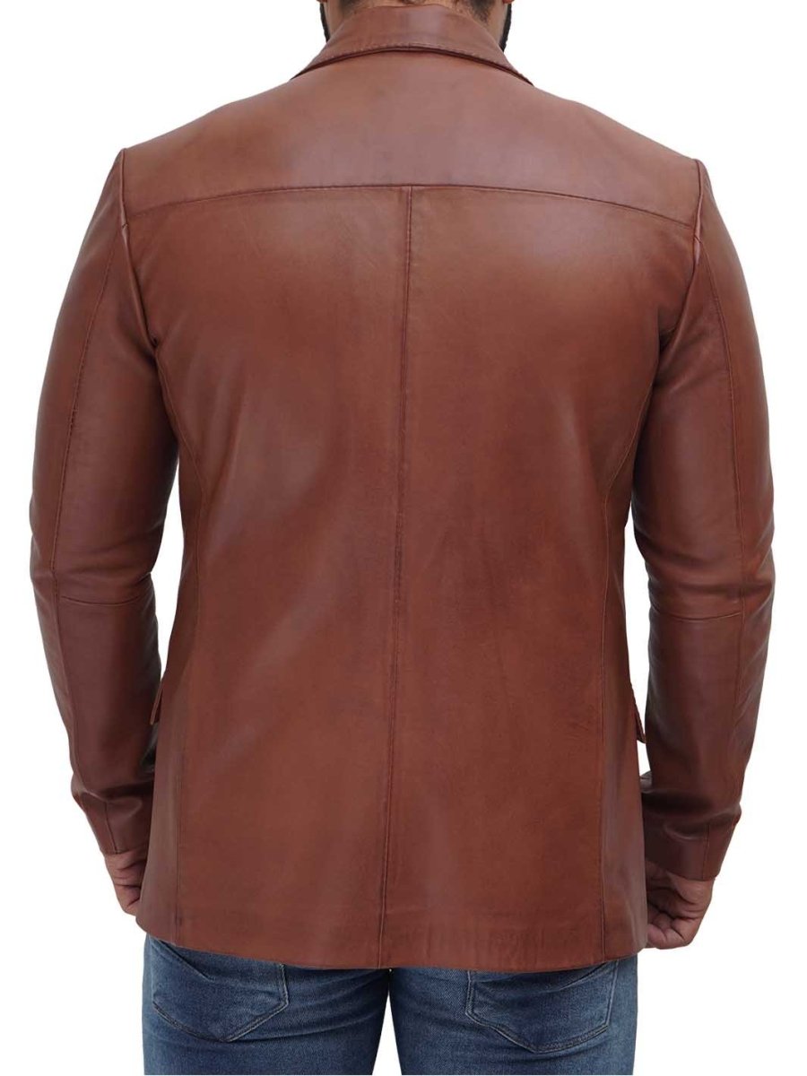 Mens Two Button Tan Brown Leather Blazer - Vox Leather