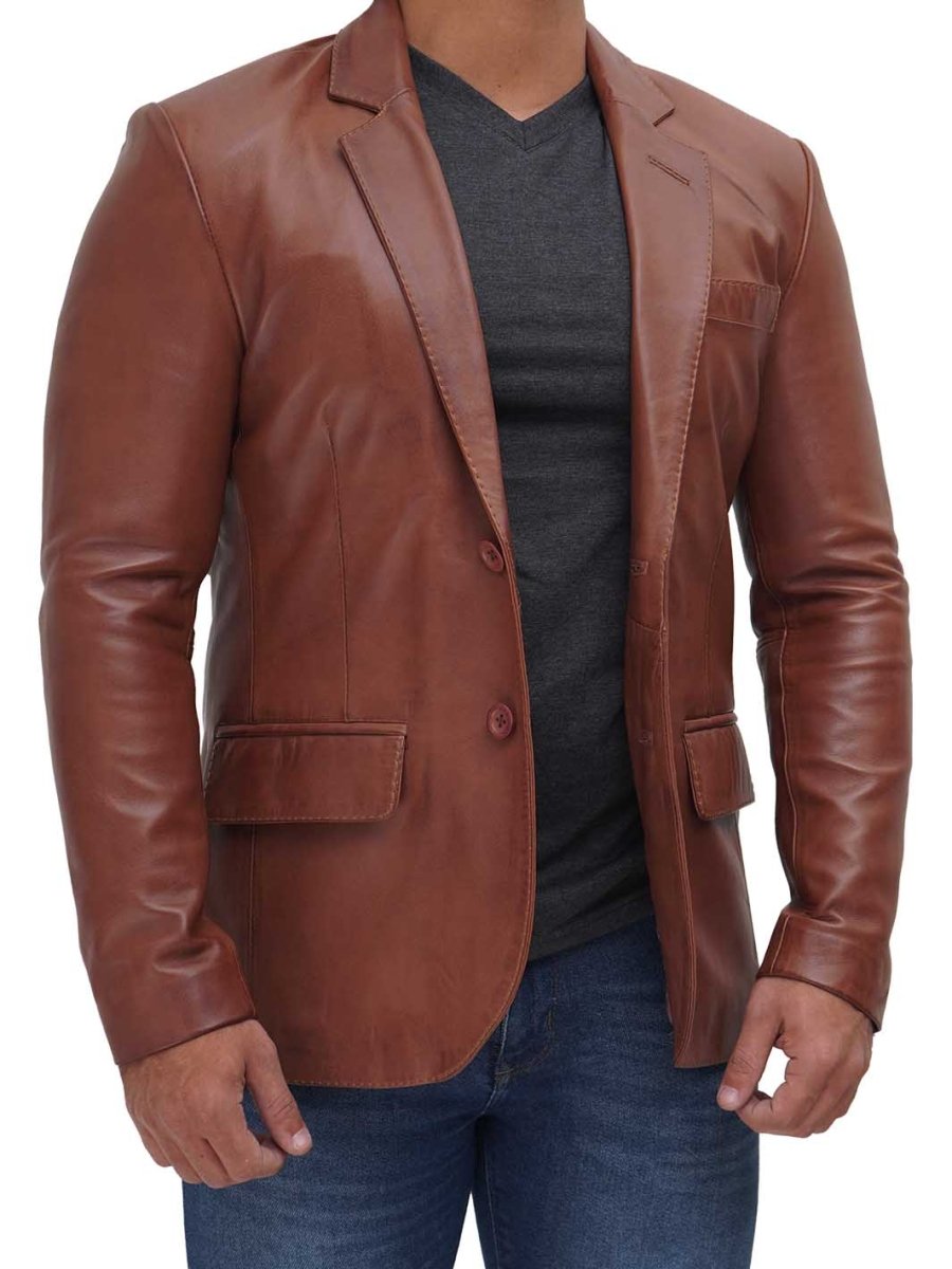 Mens Two Button Tan Brown Leather Blazer - Vox Leather