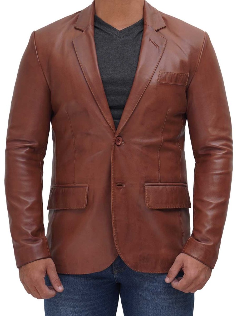 Mens Two Button Tan Brown Leather Blazer - Vox Leather