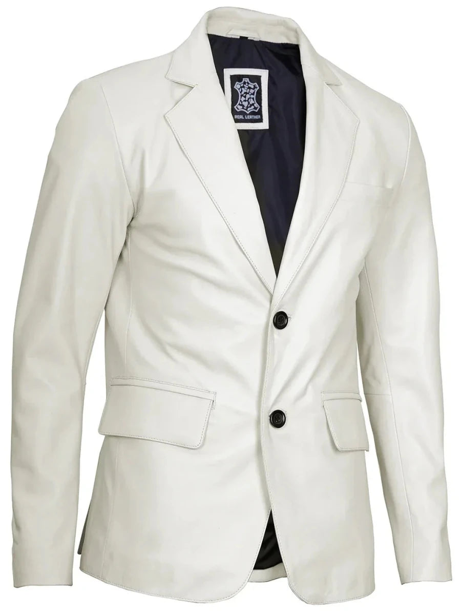 Mens Two Buttons Off White Leather Blazer - Vox Leather