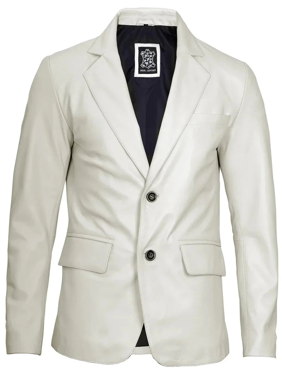 Mens Two Buttons Off White Leather Blazer - Vox Leather