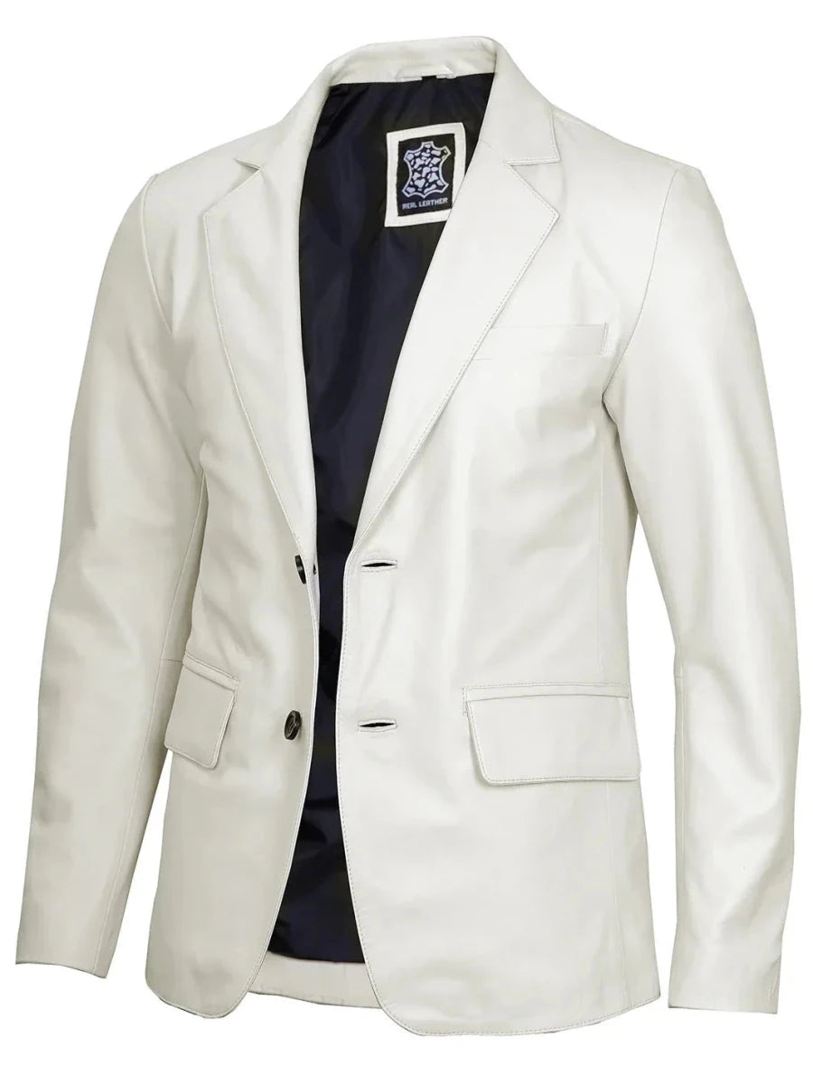 Mens Two Buttons Off White Leather Blazer - Vox Leather