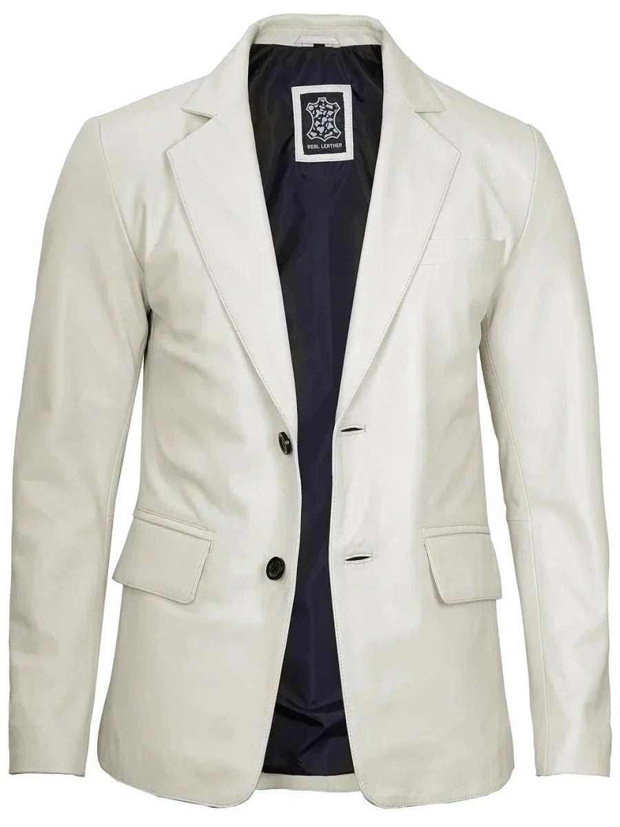 Mens Two Buttons Off White Leather Blazer - Vox Leather