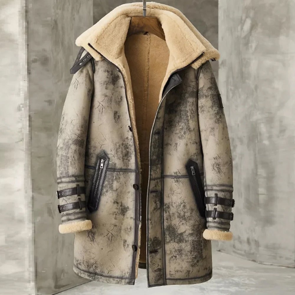 Men's Waxed B3 RAF Flying Double Collar Sheepskin Shearling Leather Long Jacket Coat - Rare Leather