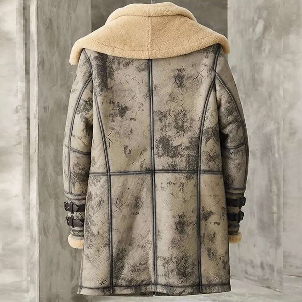 Men's Waxed B3 RAF Flying Double Collar Sheepskin Shearling Leather Long Jacket Coat - Rare Leather