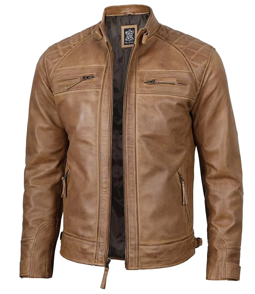 Men's Waxed Camel Brown Cafe Racer Leather Jacket - Rare Leather