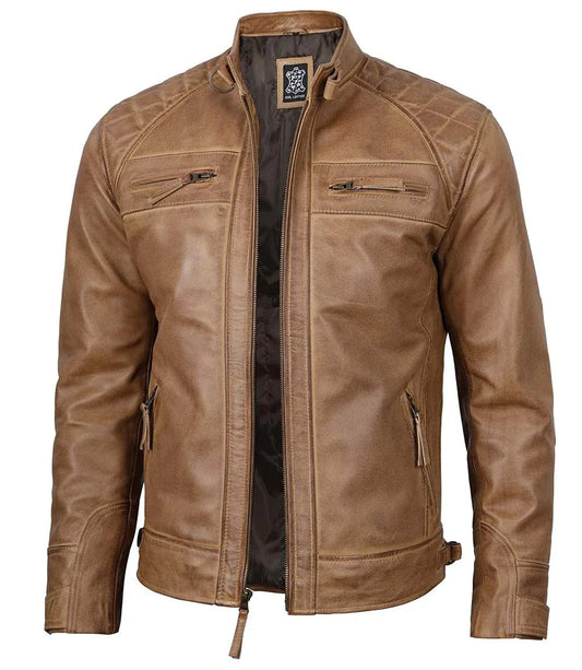 Men's Waxed Camel Brown Cafe Racer Leather Jacket - Rare Leather