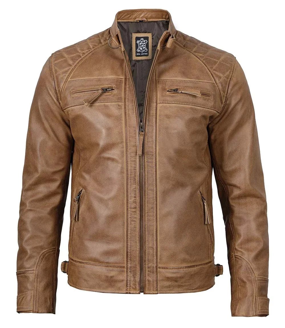 Men's Waxed Camel Brown Cafe Racer Leather Jacket - Vox Leather