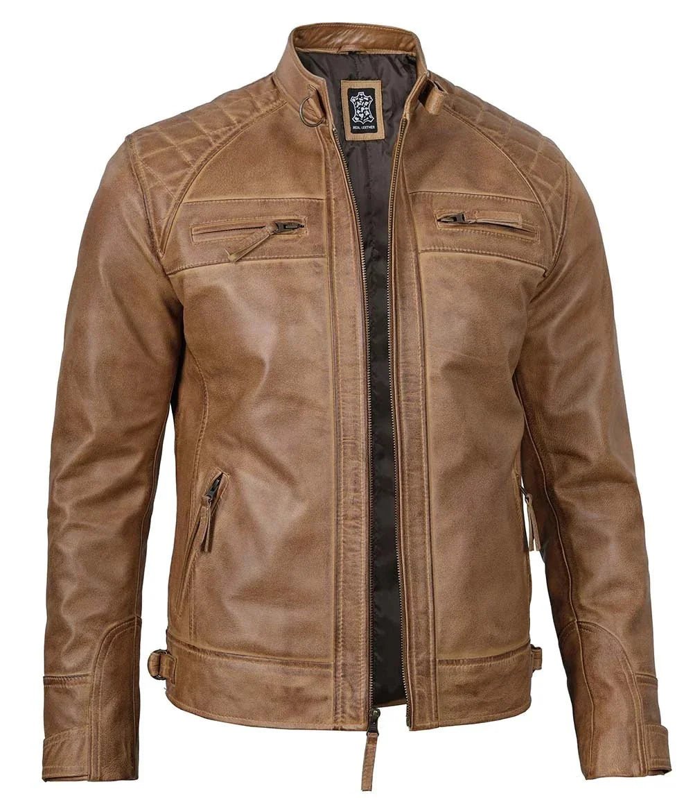 Men's Waxed Camel Brown Cafe Racer Leather Jacket - Vox Leather