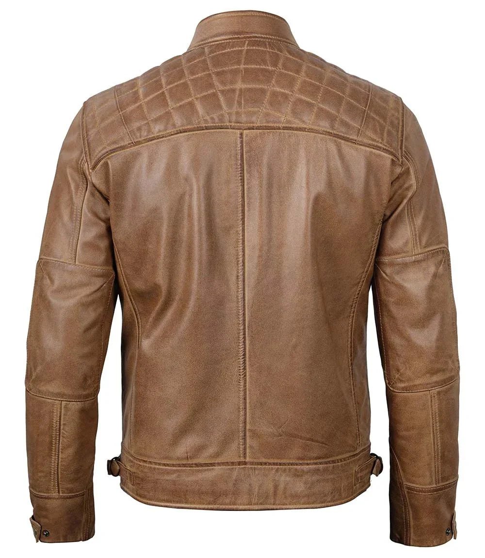 Men's Waxed Camel Brown Cafe Racer Leather Jacket - Vox Leather