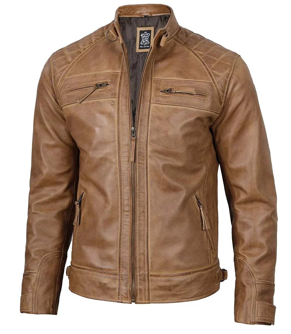 Men's Waxed Camel Brown Cafe Racer Leather Jacket - Vox Leather