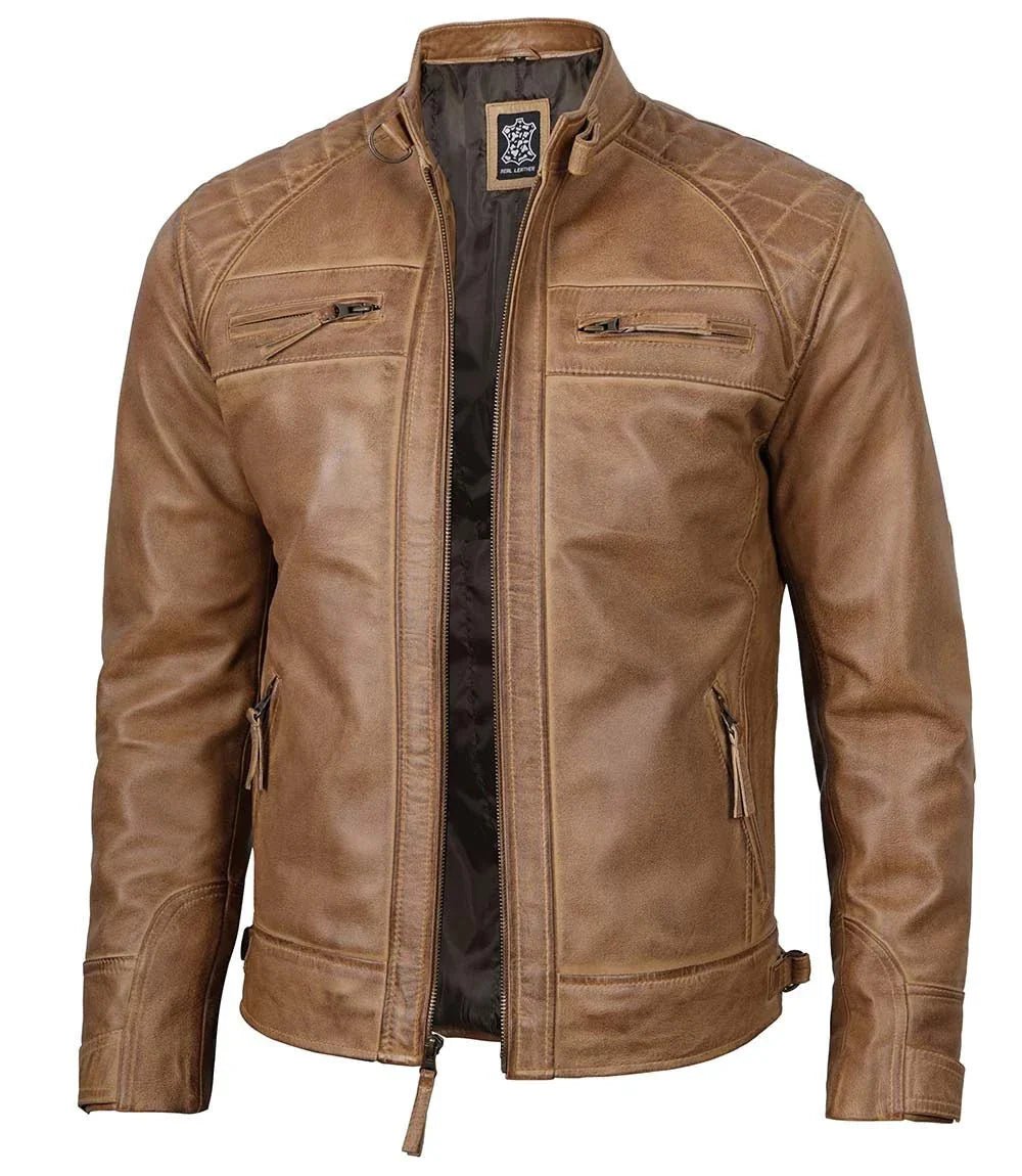 Men's Waxed Camel Brown Cafe Racer Leather Jacket - Vox Leather