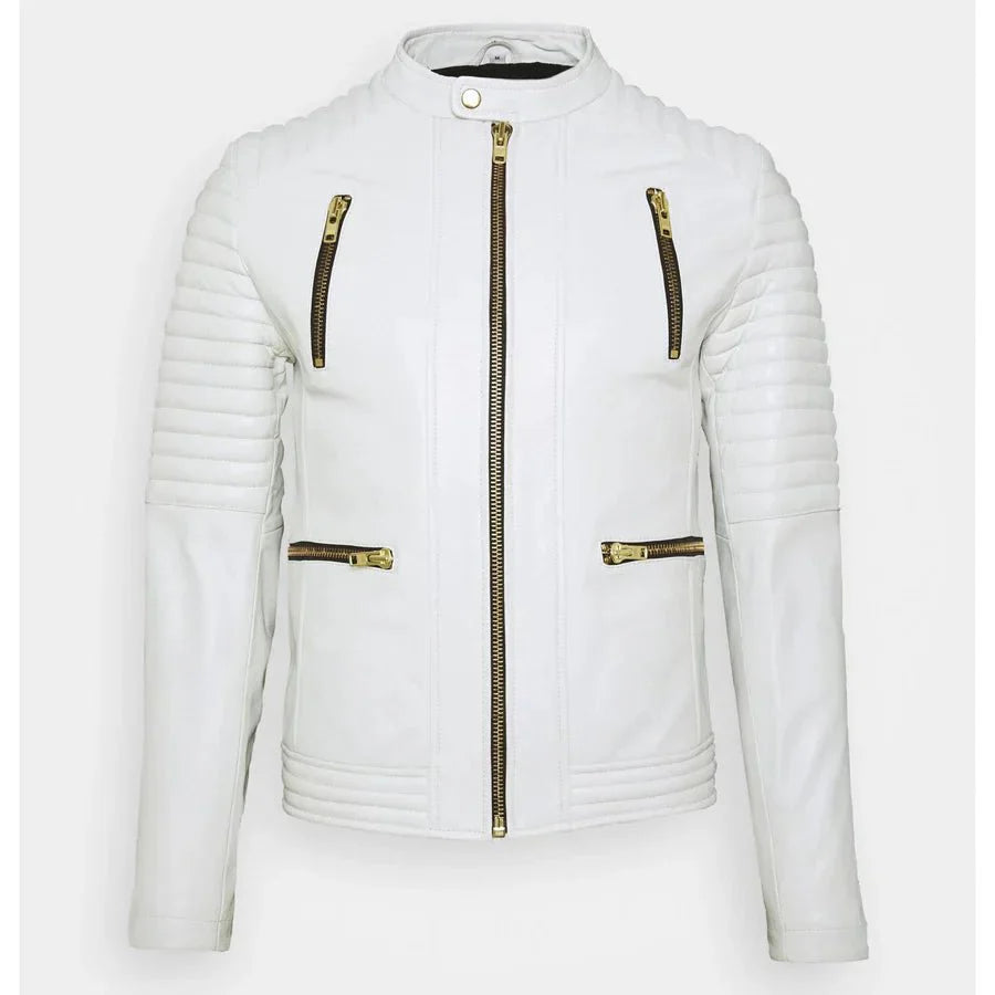 Men's White Leather Biker Jacket - Rare Leather