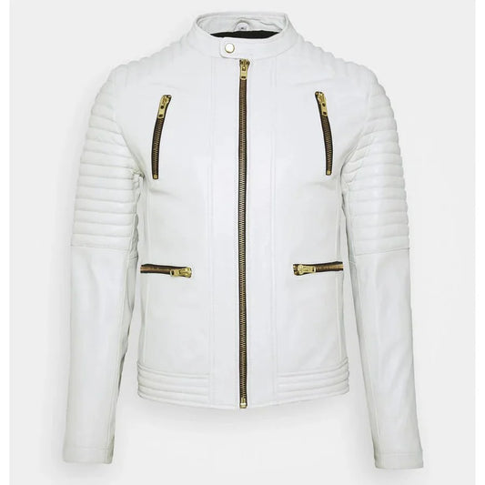 Men's White Leather Biker Jacket - Rare Leather