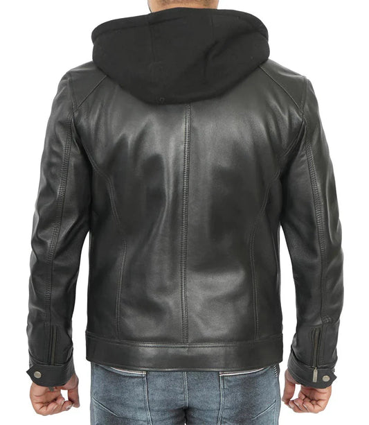 Merrill Men's Black Cafe Racer Hooded Leather Jacket - Rare Leather