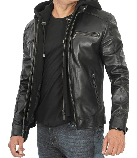 Merrill Men's Black Cafe Racer Hooded Leather Jacket - Vox Leather