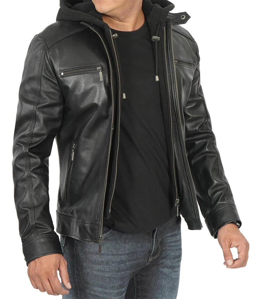 Merrill Men's Black Cafe Racer Hooded Leather Jacket - Vox Leather