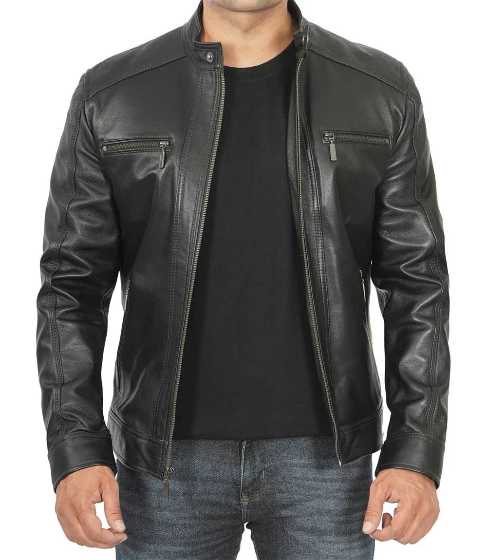 Merrill Men's Black Cafe Racer Hooded Leather Jacket - Vox Leather