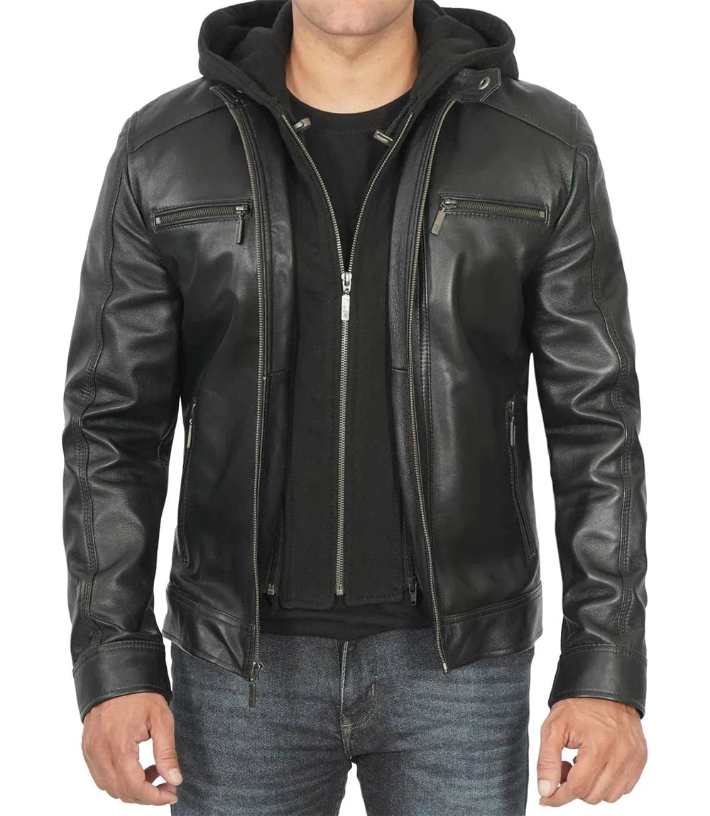 Merrill Men's Black Cafe Racer Hooded Leather Jacket - Vox Leather