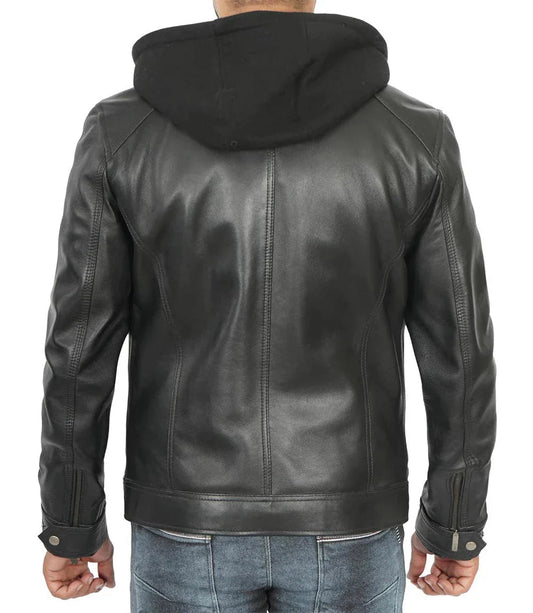 Merrill Men's Black Cafe Racer Hooded Leather Jacket - Vox Leather