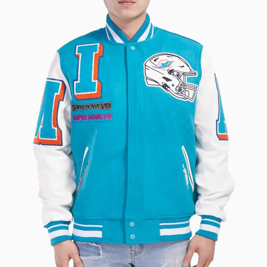 Miami Dolphins NFL Mash Up Rib Wool Varsity Jacket - Vox Leather