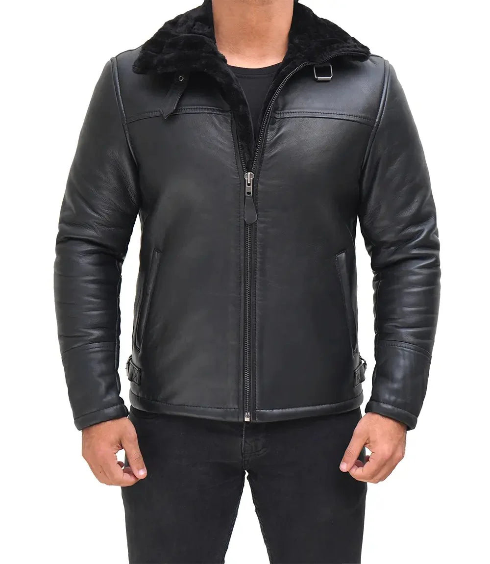 Mitchel Men's Black Shearling Leather Bomber Jacket - Rare Leather