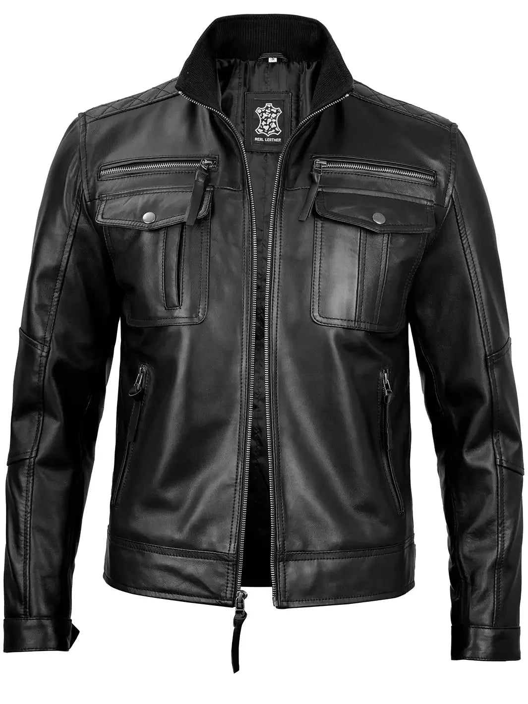 Moffit Mens Black Cafe Racer Real Leather Jacket - Rare Leather