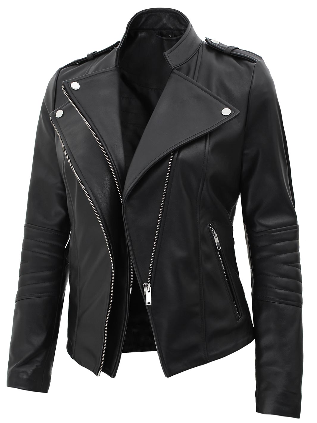 Monica Women's Black Asymmetrical Leather Jacket - Rare Leather
