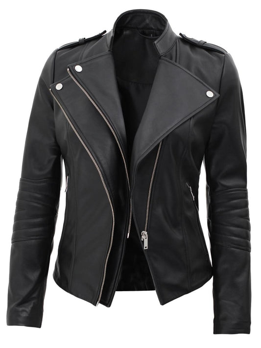 Monica Women's Black Asymmetrical Leather Jacket - Vox Leather