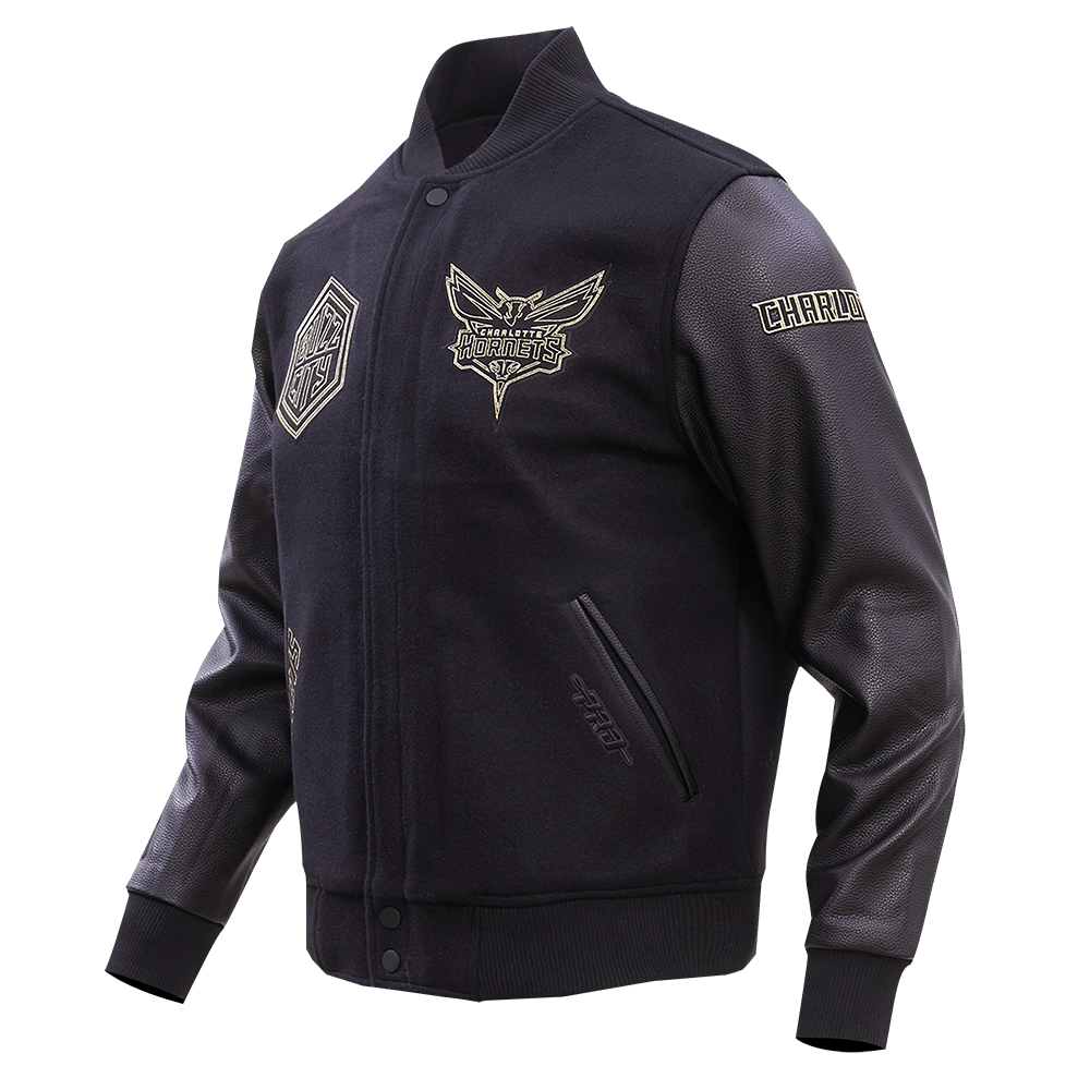 NBA CHARLOTTE HORNETS BLACK & GOLD WOOL VARSITY JACKET - Rare Leather