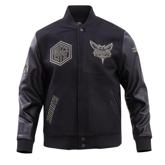NBA CHARLOTTE HORNETS BLACK & GOLD WOOL VARSITY JACKET - Vox Leather