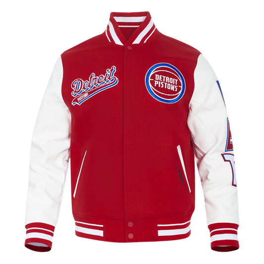 NBA DETROIT PISTONS SCRIPT TAIL MEN'S RIB WOOL VARSITY (RED/WHITE) - Vox Leather