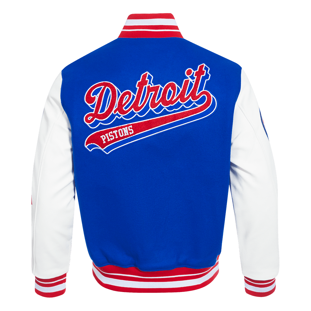 NBA DETROIT PISTONS SCRIPT TAIL MEN'S RIB WOOL VARSITY (ROYAL BLUE/RED) - Rare Leather