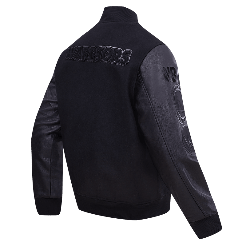 NBA GOLDEN STATE WARRIORS TRIPLE BLACK VARSITY JACKET - Vox Leather
