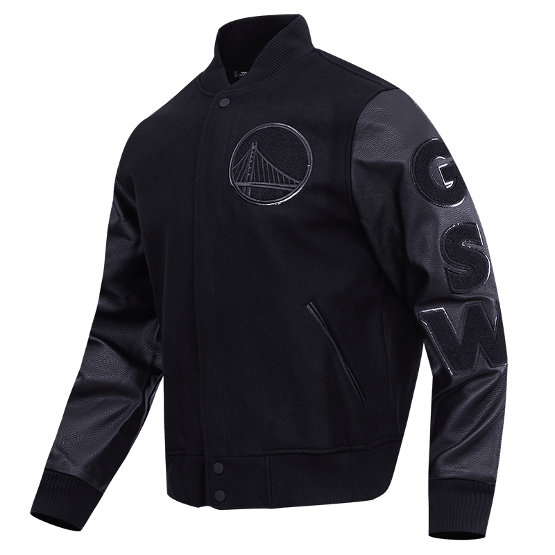 NBA GOLDEN STATE WARRIORS TRIPLE BLACK VARSITY JACKET - Vox Leather