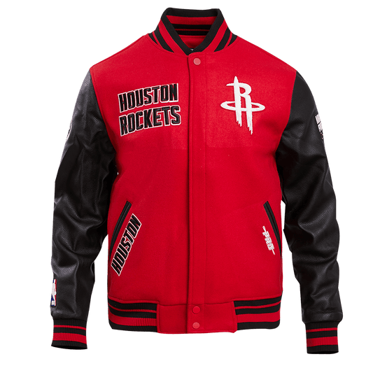 NBA HOUSTON ROCKETS RETRO CLASSIC MEN'S RIB WOOL VARSITY JACKET (RED/BLACK) - Vox Leather
