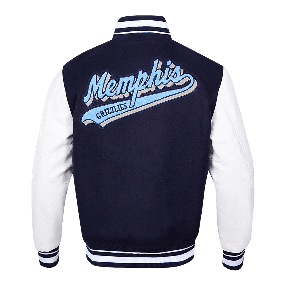 NBA MEMPHIS GRIZZLIES SCRIPT TAIL RIB WOOL VARSITY JACKET (MIDNIGHT NAVY/WHITE) - Vox Leather