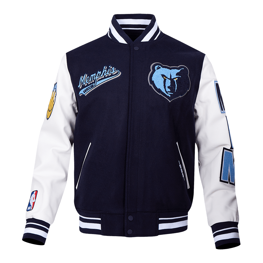 NBA MEMPHIS GRIZZLIES SCRIPT TAIL RIB WOOL VARSITY JACKET (MIDNIGHT NAVY/WHITE) - Vox Leather