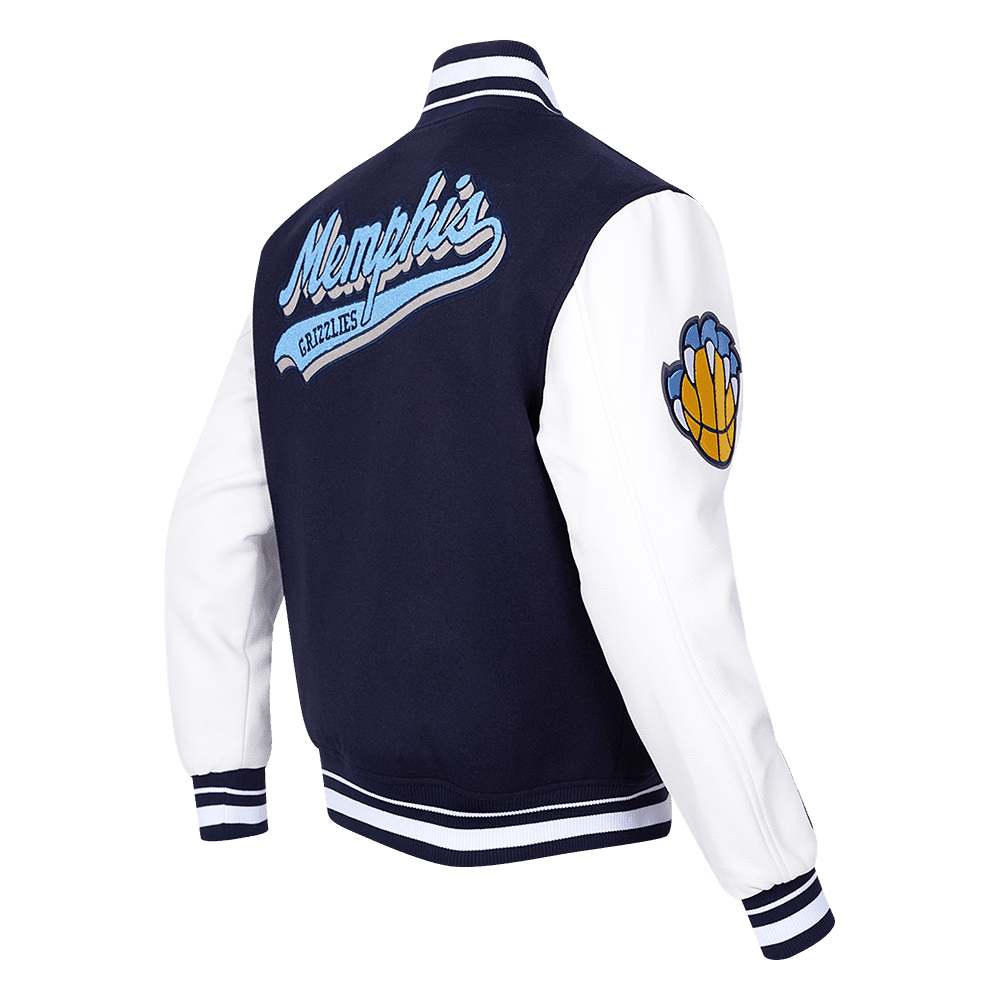NBA MEMPHIS GRIZZLIES SCRIPT TAIL RIB WOOL VARSITY JACKET (MIDNIGHT NAVY/WHITE) - Vox Leather