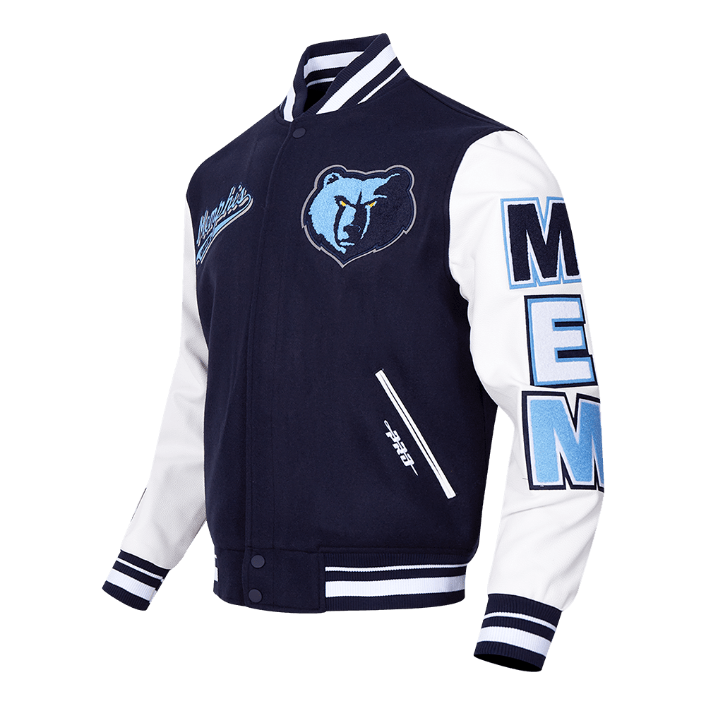 NBA MEMPHIS GRIZZLIES SCRIPT TAIL RIB WOOL VARSITY JACKET (MIDNIGHT NAVY/WHITE) - Vox Leather