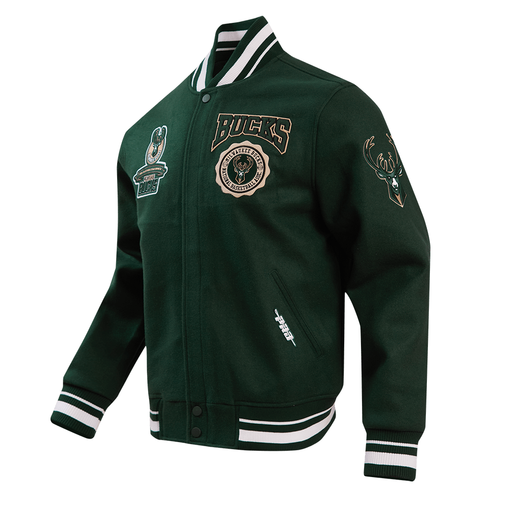 NBA MILWAUKEE BUCKS CREST EMBLEM RIB WOOL VARSITY JACKET - Rare Leather